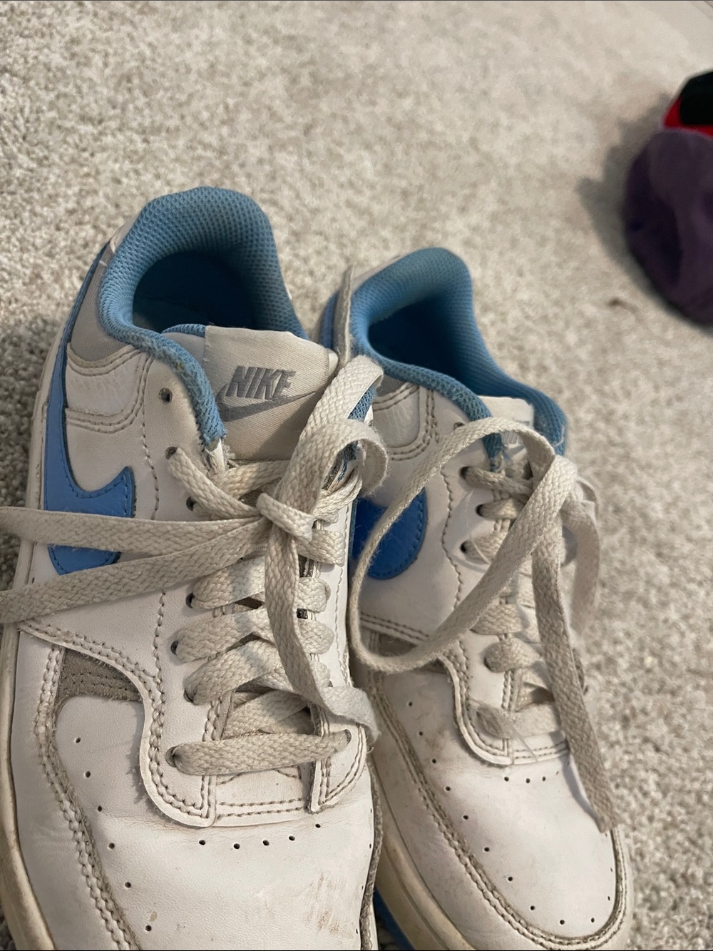 Nike, White Sneakers with Light Blue Swoosh